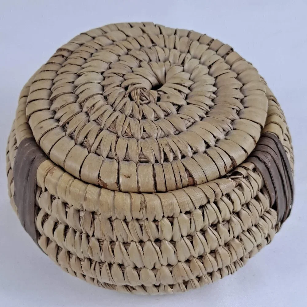 Handmade Woven Basket with Lid Tan and Brown Trinkets Jewelry Holder Etc